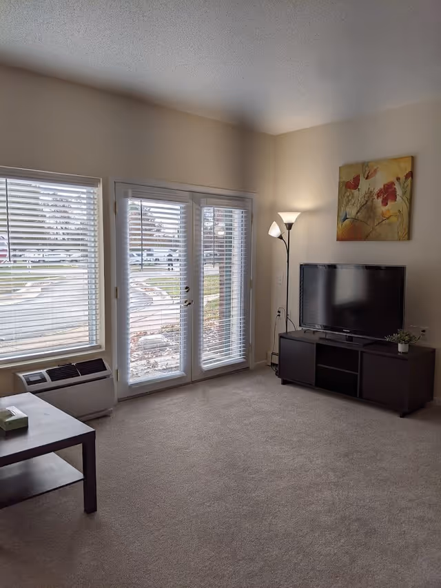 A living room with beige carpet, a dark wooden TV stand holding a flat-screen television, a floor lamp with two lights, a coffee table with a tissue box, and large windows and glass doors with white blinds letting in natural light. A colorful floral painting hangs on the wall above the TV.