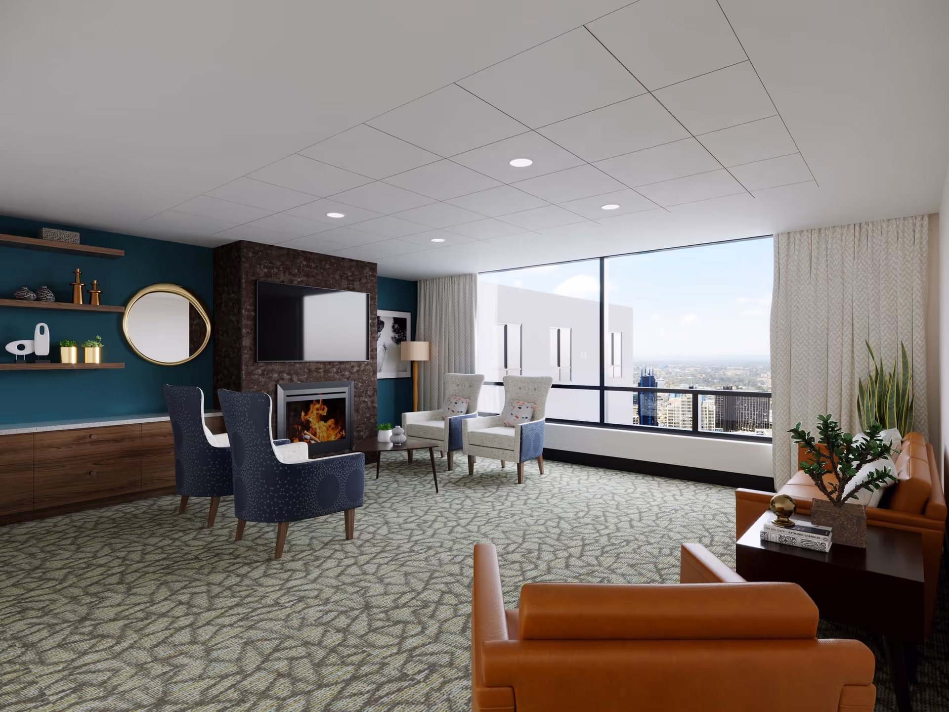 Spacious lounge with armchairs and sofas facing a fireplace and TV, and a large window showing a city skyline view.