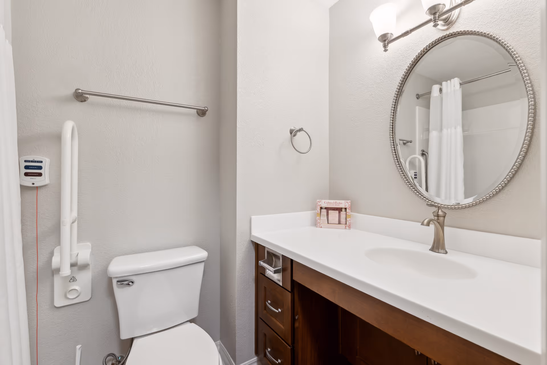 Accessible bathroom with a toilet, wall-mounted grab bar, vanity with oval mirror and sink, and a shower curtain reflected in the mirror.