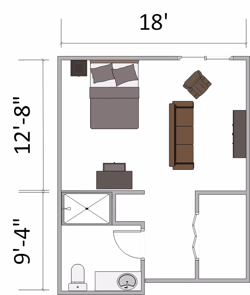 Floor plan of a senior living unit showing a combined bedroom and living area with a bed, nightstand, dresser, sofa, armchair, and TV stand. The unit also includes a bathroom with a shower, toilet, and sink. Dimensions of the unit are 18 feet by 12 feet 8 inches, with the bathroom area measuring 9 feet 4 inches.