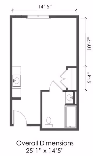 Architectural floor plan showing a room layout with overall dimensions of 25 feet 1 inch by 14 feet 5 inches. The plan includes a bathroom area with a toilet, sink, and shower, as well as a small kitchenette with a sink. The main room is open and rectangular.