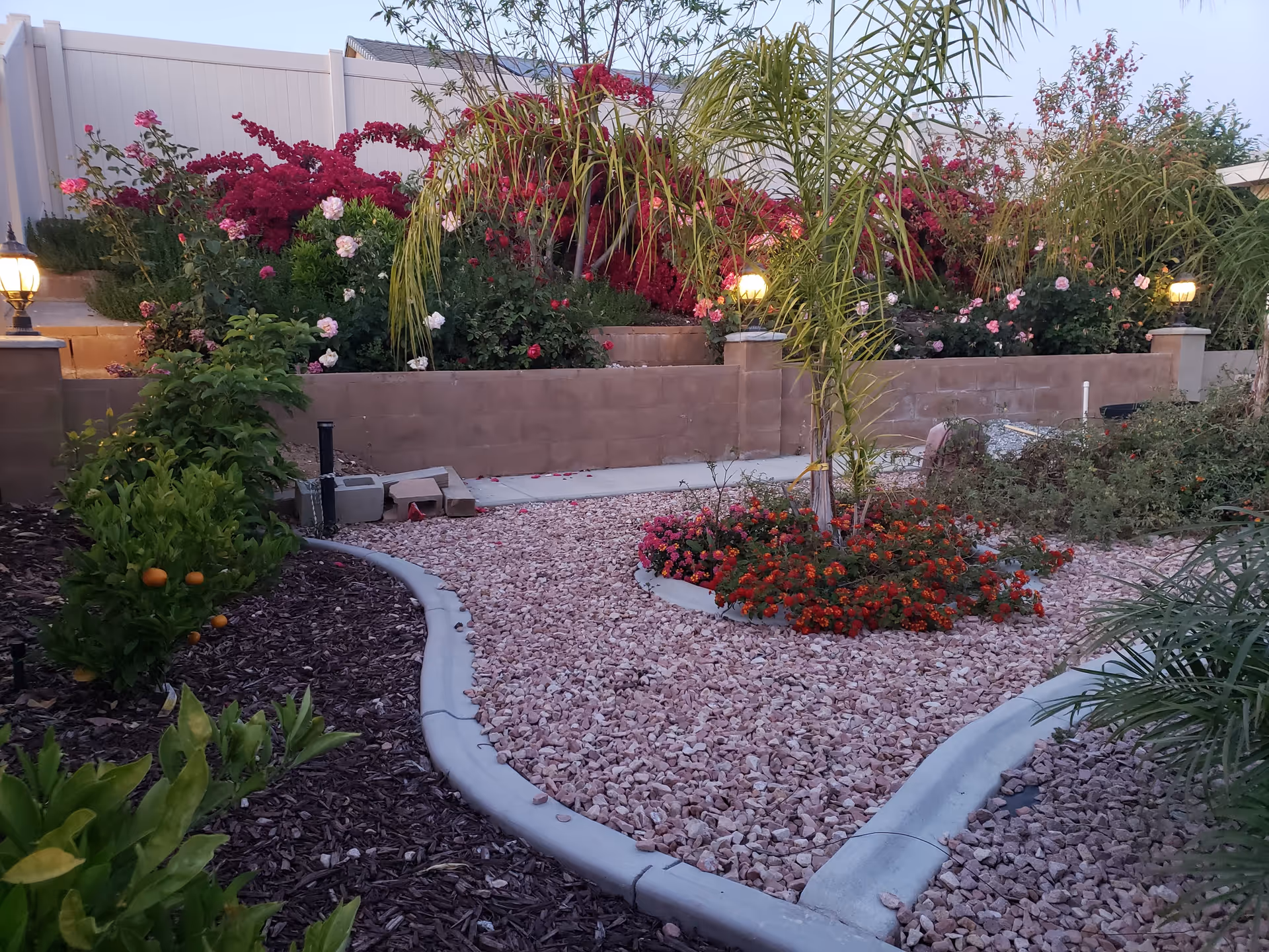 A landscaped outdoor garden area with a curved gravel pathway bordered by concrete edging. The garden features various plants including small palm trees, flowering bushes with red and pink flowers, and some orange fruit-bearing plants. There are small lamp posts along the pathway and a white fence in the background.