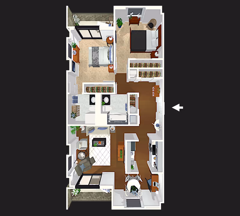 Top-down color floor plan of a two-bedroom apartment showing living room, dining area, kitchen, bathrooms and a balcony.