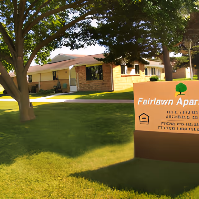 Green lawn and trees in front of a single-story retirement building with a sign reading "Fairlawn Apartments".