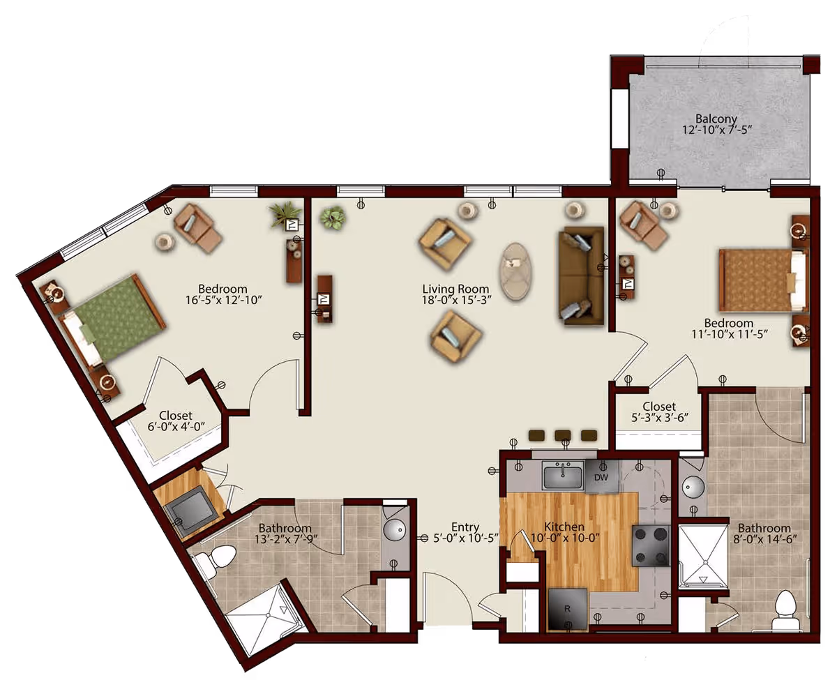 Floor plan of a two-bedroom apartment at Harmony at Hershey showing a living room, kitchen, two bathrooms, two closets, an entry area, and a balcony. The living room is furnished with chairs and a sofa, the bedrooms have beds and chairs, and the kitchen includes appliances and a counter with stools.