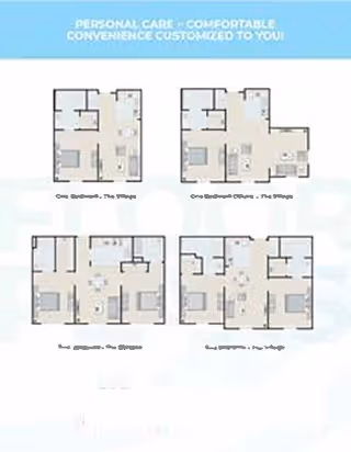 Four architectural floor plans for different apartment layouts at Southern Pines, A Charter Senior Living Community, showing various room arrangements including bedrooms, bathrooms, kitchens, and living areas.