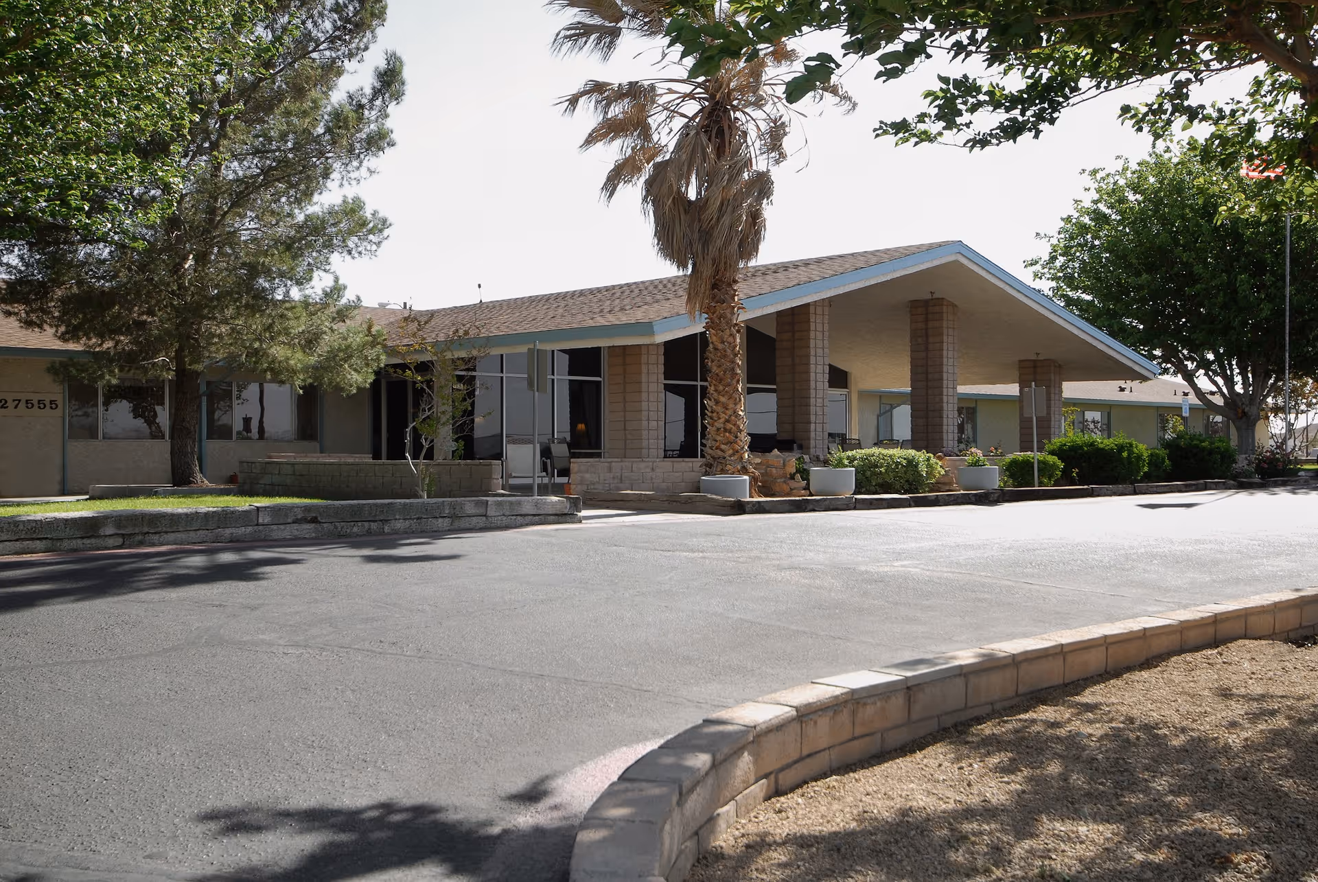 Single-story building with a covered porte-cochère entrance, palm tree, shrubs and a curved driveway.