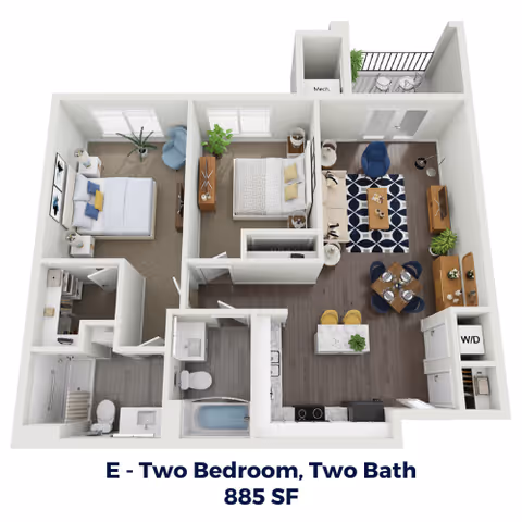 3D floor plan of a two-bedroom, two-bath apartment with 885 square feet. The layout includes a living room with seating and a TV, a dining area with a round table and chairs, a kitchen with appliances and an island, two bedrooms with beds and furniture, two bathrooms, a laundry area with washer and dryer, and a balcony with outdoor seating.