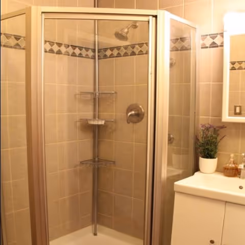 Glass-enclosed corner shower with tiled walls alongside a sink vanity and mirror in a bathroom.