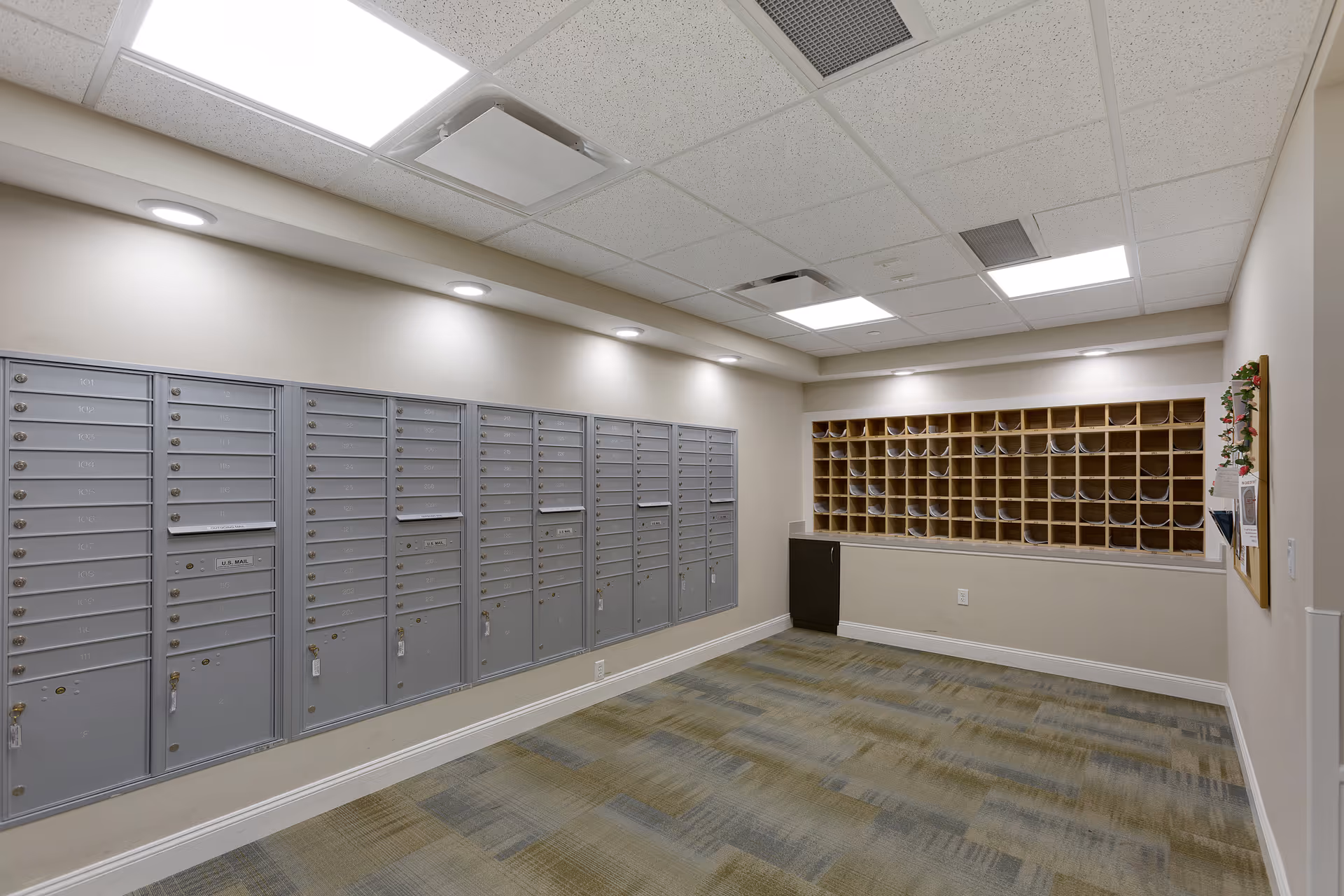 A mailroom with multiple gray metal mailboxes mounted on the left wall and a wooden cubby organizer on the back wall. The room has a drop ceiling with recessed lighting and a carpeted floor with a patterned design.