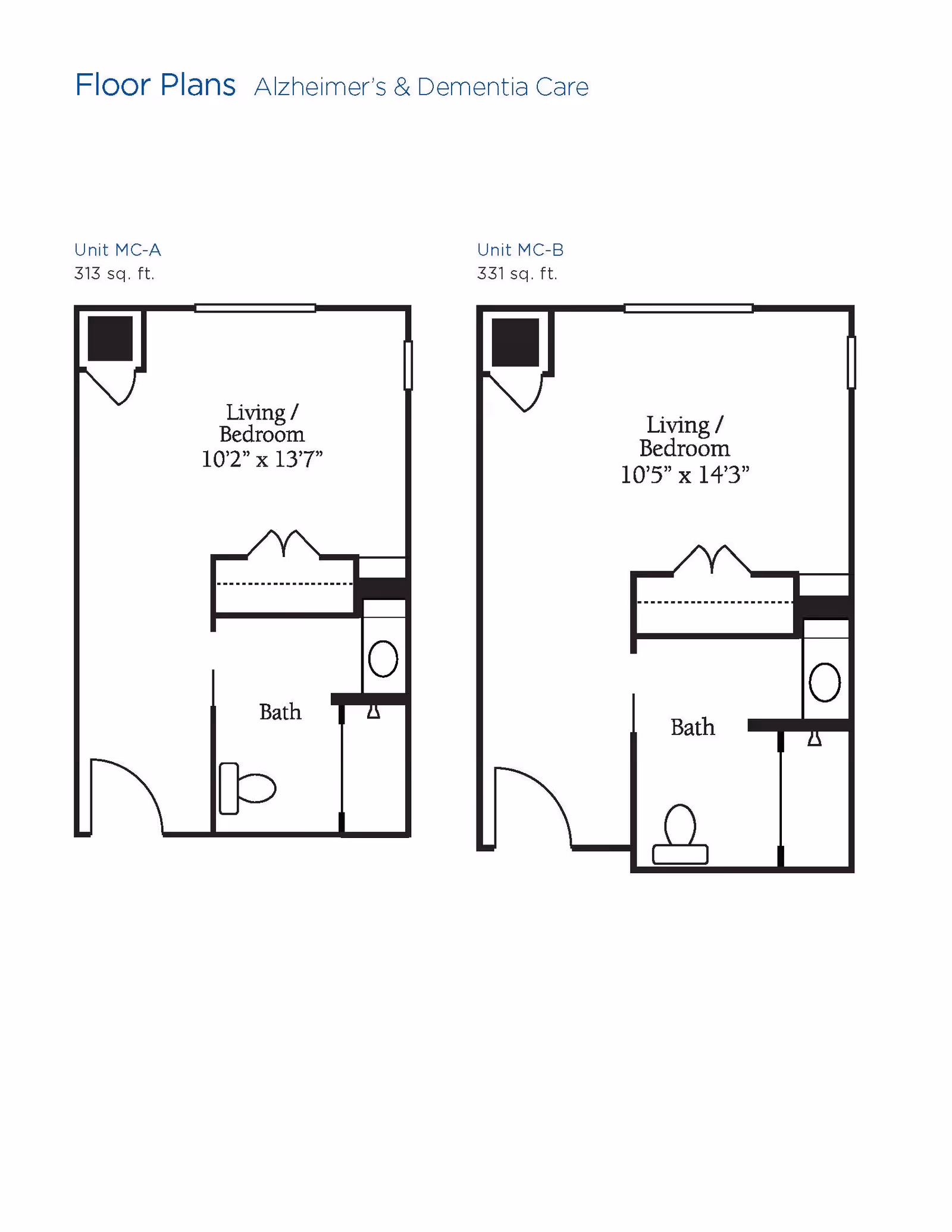 Floor plans for two units designed for Alzheimer's and Dementia Care at The Solana Vintage Park. Unit MC-A is 313 sq. ft. with a living/bedroom area measuring 10 feet 2 inches by 13 feet 7 inches, and a bathroom. Unit MC-B is 331 sq. ft. with a living/bedroom area measuring 10 feet 5 inches by 14 feet 3 inches, and a bathroom.