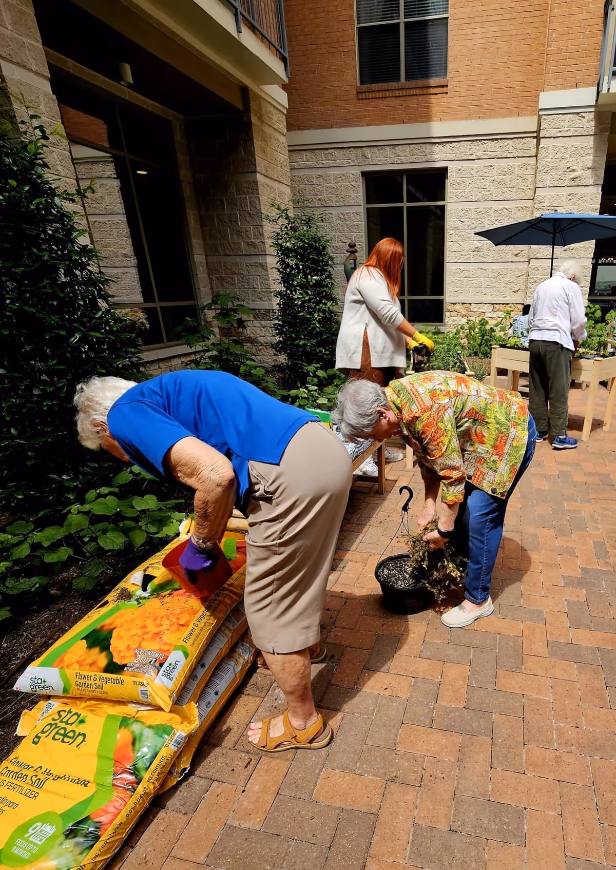 Several older adults gardening in a brick courtyard with bags of potting soil and planter boxes.