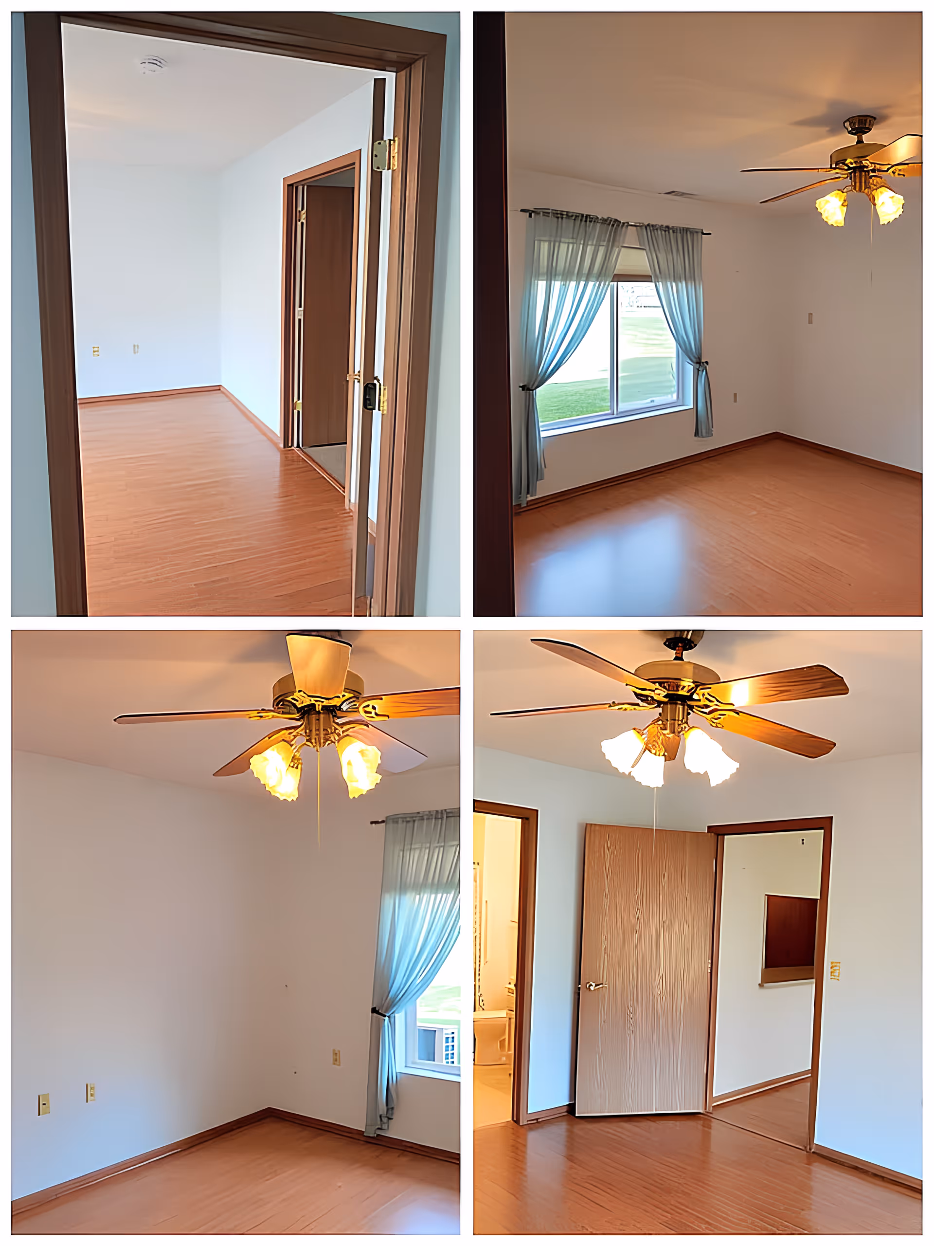 Collage of four images showing an empty bedroom with wooden floors, white walls, a ceiling fan with lights, a window with sheer curtains, and wooden door frames. One image shows a view into an adjacent bathroom.