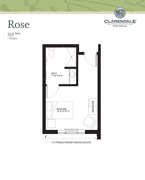 Floor plan of a studio apartment named Rose at Clarendale of Mokena, showing a combined bedroom and living area measuring 13 feet 2 inches by 11 feet 2 inches, a bathroom measuring 7 feet 10 inches by 9 feet 5 inches, a wardrobe, and an entry door.