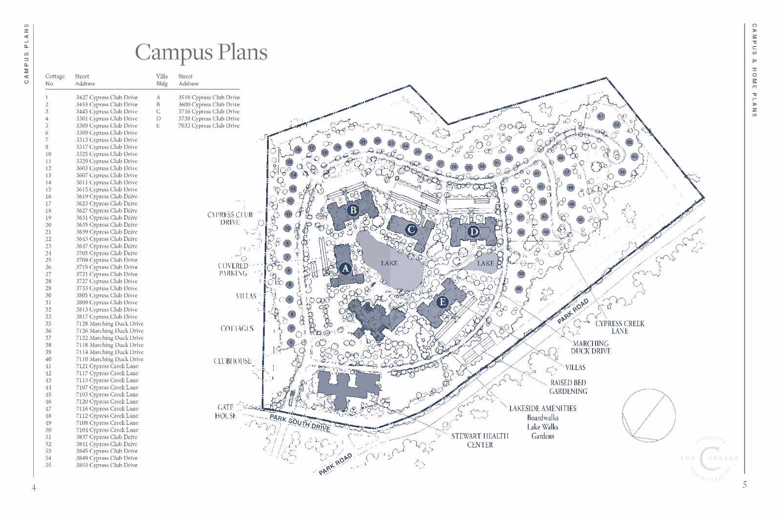 Black-and-white campus site plan map showing labeled buildings, pathways, and a central lake.