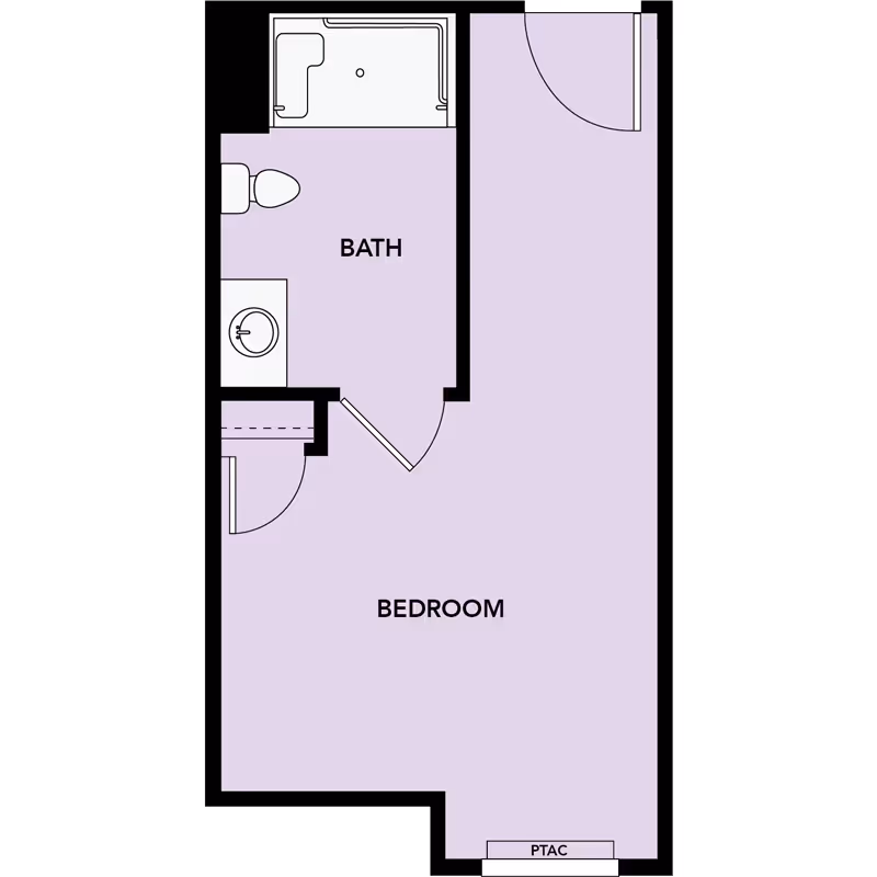 Simple purple floor plan layout showing a bedroom labeled 'BEDROOM', an adjacent bathroom with a tub, toilet and sink labeled 'BATH', an entry door and a PTAC unit.