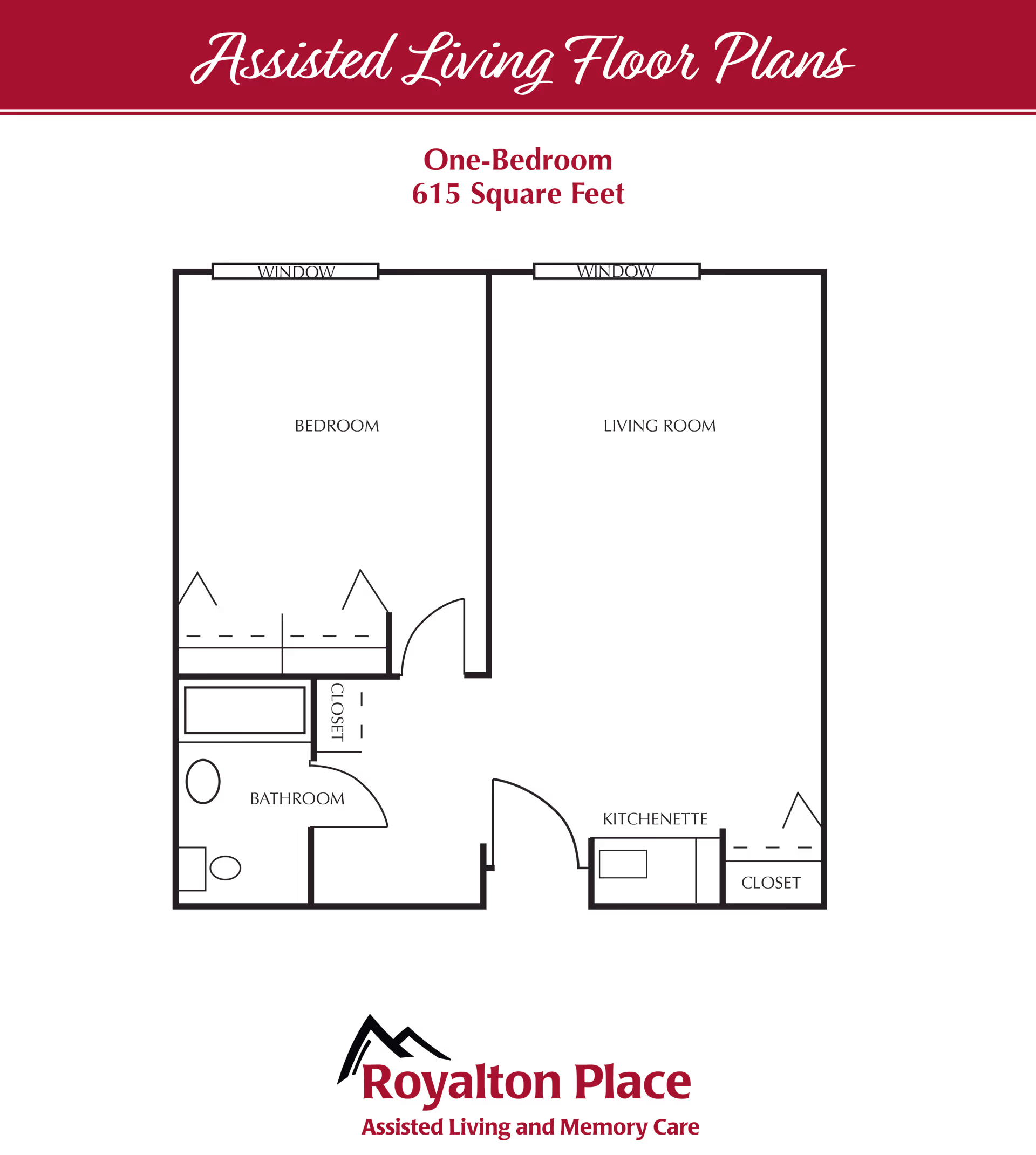 Floor plan of a one-bedroom assisted living unit at Royalton Place, showing a bedroom, bathroom, living room, kitchenette, and closets, with windows in the bedroom and living room. The total area is 615 square feet.