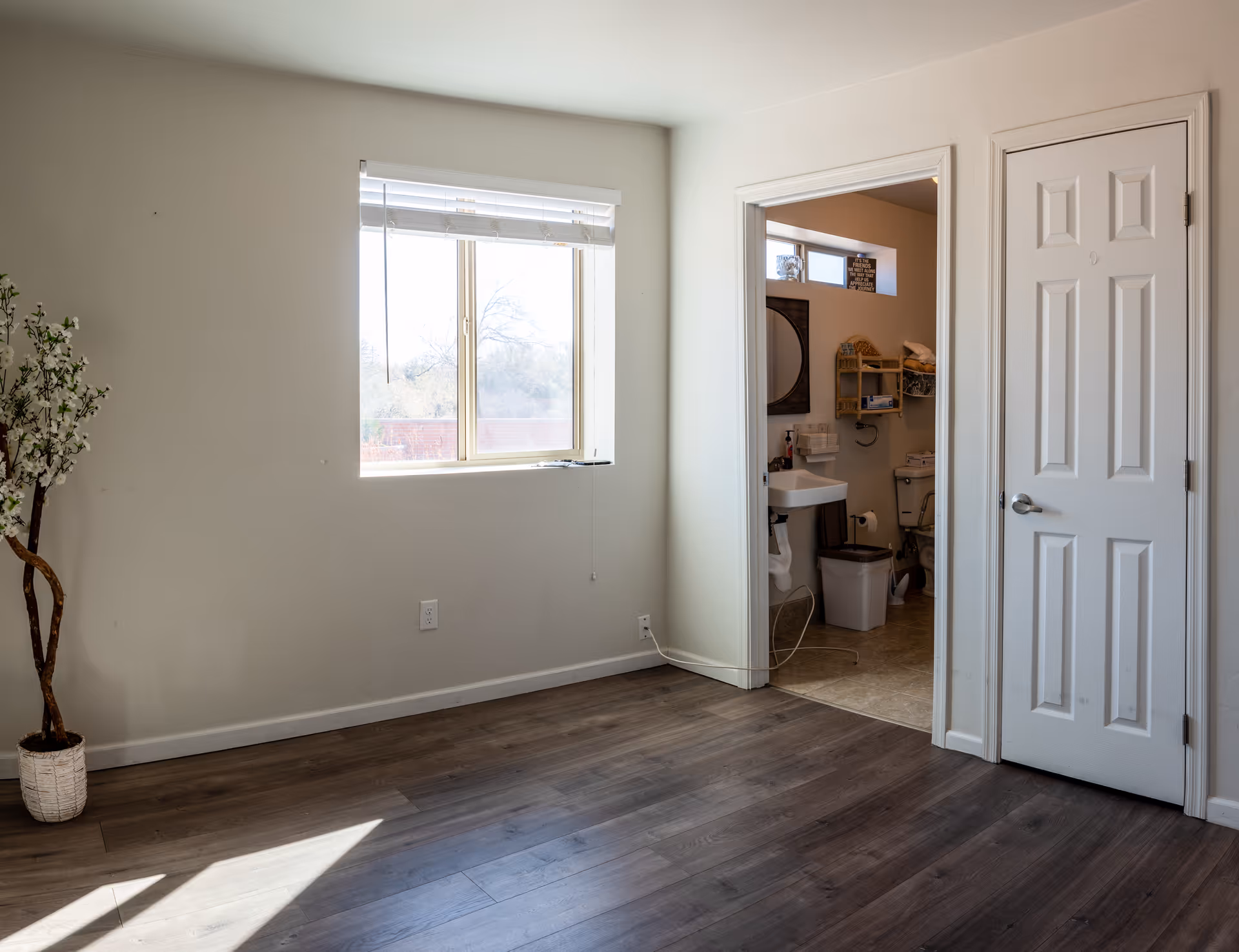 Empty room with wooden flooring, a window with blinds partially open letting in sunlight, a potted plant with white flowers on the left, and an open door leading to a bathroom with a sink, mirror, and toilet visible.