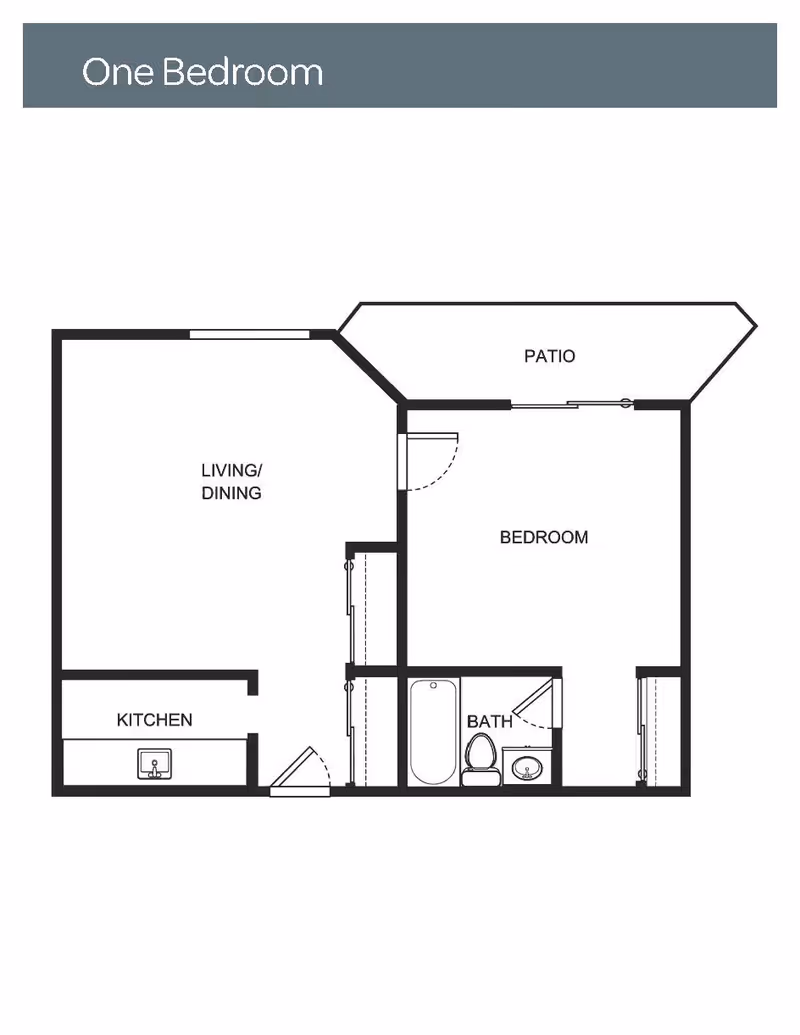 Floor plan of a one-bedroom unit showing a living/dining area, kitchen, bedroom, bathroom, and a patio.