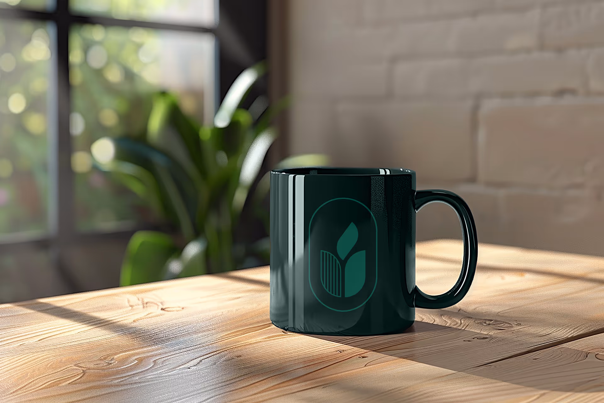 A dark green ceramic mug with a leaf logo on it sits on a wooden table in front of a window with blurred green plants visible outside. Sunlight streams in, casting shadows on the table.