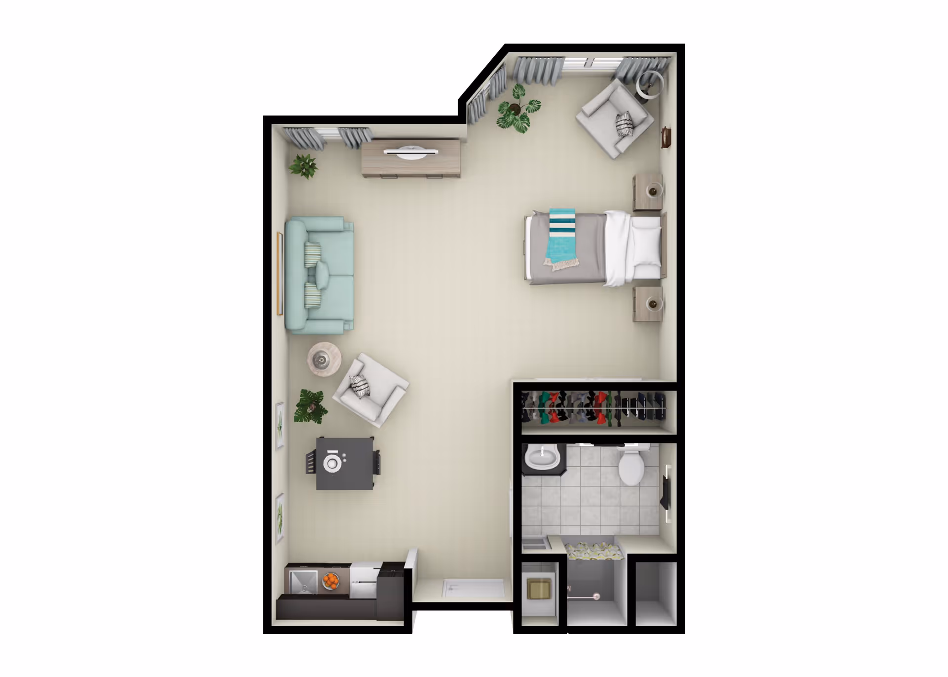 Top-down view of a studio apartment floor plan featuring a combined living and sleeping area with a bed, sofa, armchair, small dining table, and TV stand. The unit also includes a kitchen area with a sink and stove, a bathroom with a toilet and sink, and a closet space.