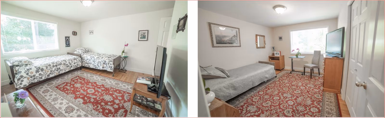 Two images showing bedrooms in a senior living facility. The left image features two twin beds with floral bedspreads, a red and beige patterned rug, a TV on a stand, and a window letting in natural light. The right image shows a single bed with a gray bedspread, a red patterned rug, a TV on a wooden dresser, a chair, a small table with a plant, and framed artwork on the walls.