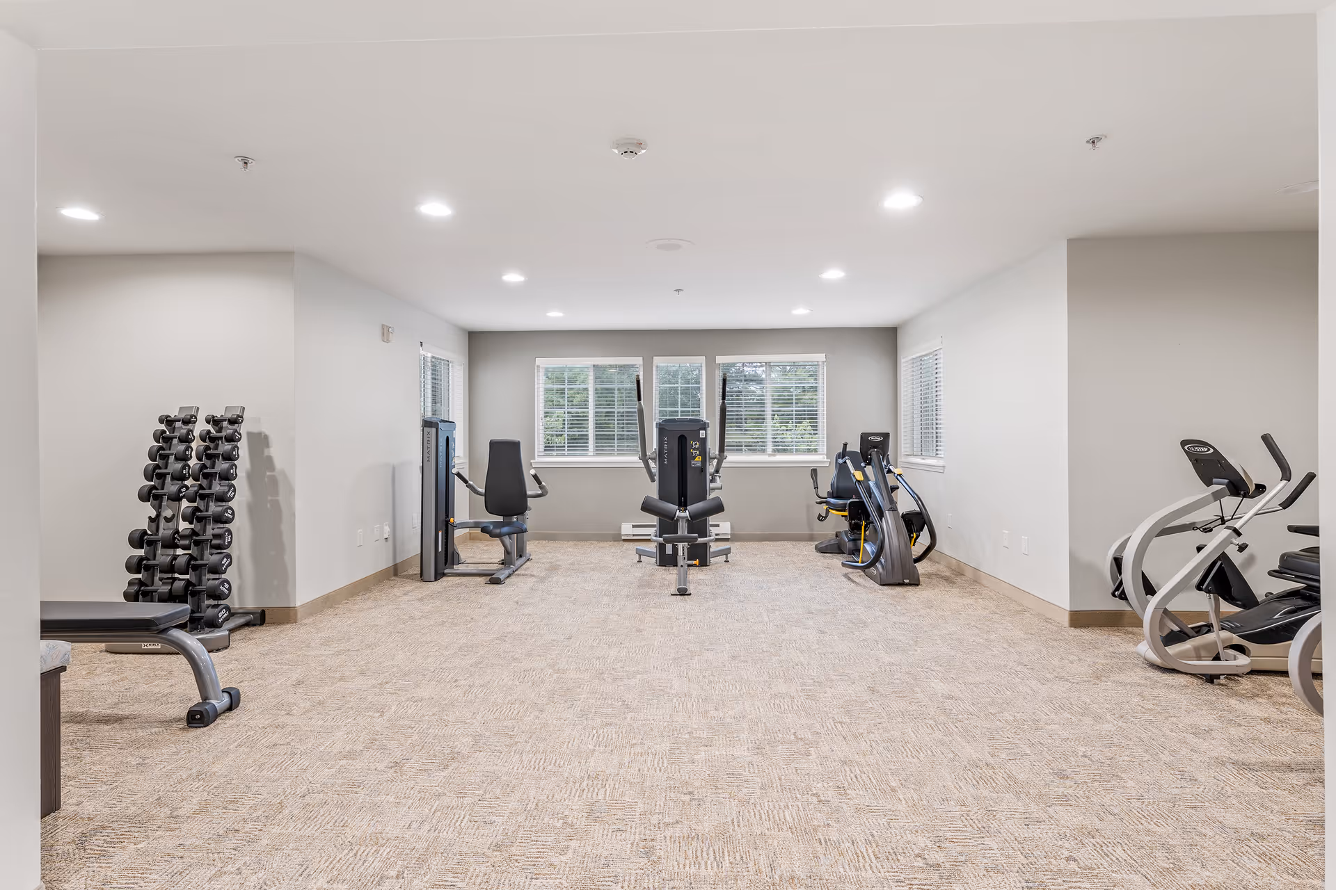 A spacious fitness room with various exercise equipment including weight machines, dumbbells on a rack, and cardio machines. The room has beige carpet flooring, white walls, and multiple windows letting in natural light.