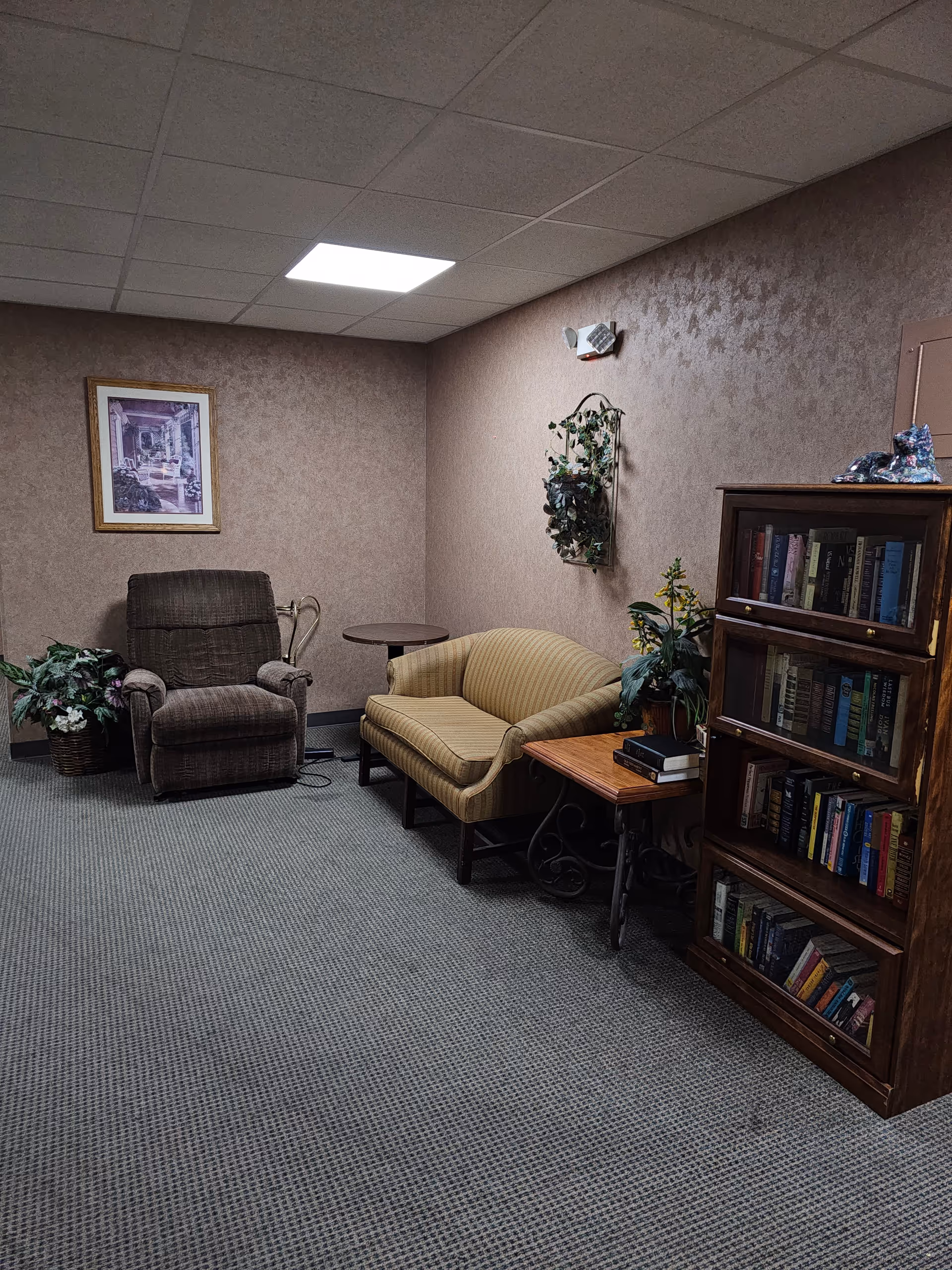 A cozy senior living room area with a brown recliner chair, a small round table, a striped beige loveseat, a wooden side table with books, a wooden bookshelf filled with books, and decorative plants. The walls are textured brown with a framed picture and a hanging plant. The floor is carpeted in a gray pattern.