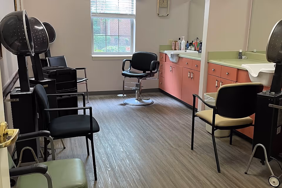 Interior view of a salon room with hair drying chairs, salon chairs, a window letting in natural light, and a counter with various hair care products and a sink.