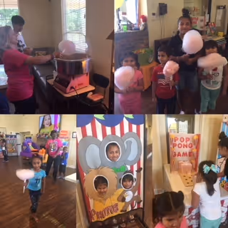 Collage of four images showing children and adults at a carnival-themed event inside a facility. Top left image shows a woman making cotton candy. Top right image shows a woman and children holding cotton candy. Bottom left image shows children walking in a hallway with colorful decorations. Bottom right image shows children playing a popcorn pong game with a carnival-themed backdrop.