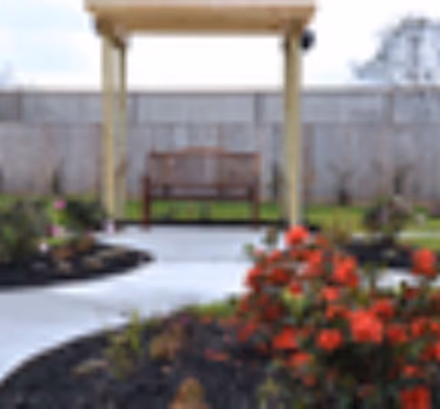 Outdoor garden area with a wooden bench under a pergola, surrounded by flower beds with red and pink flowers, and a wooden fence in the background.