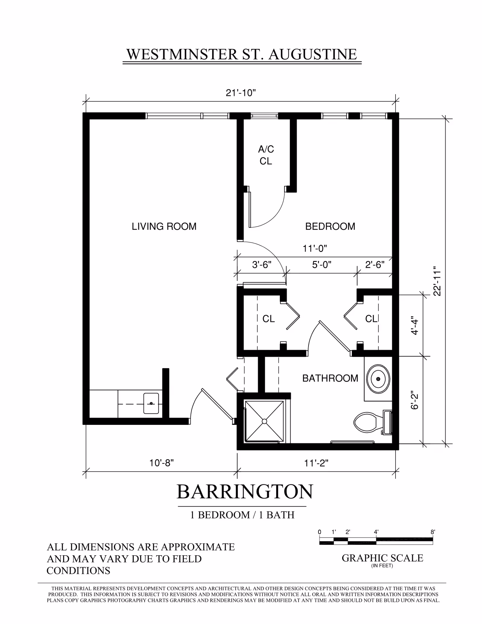 Architectural floor plan of a one-bedroom, one-bath apartment named Barrington at Westminster St. Augustine, showing dimensions and layout of living room, bedroom, bathroom, closets, and A/C closet.
