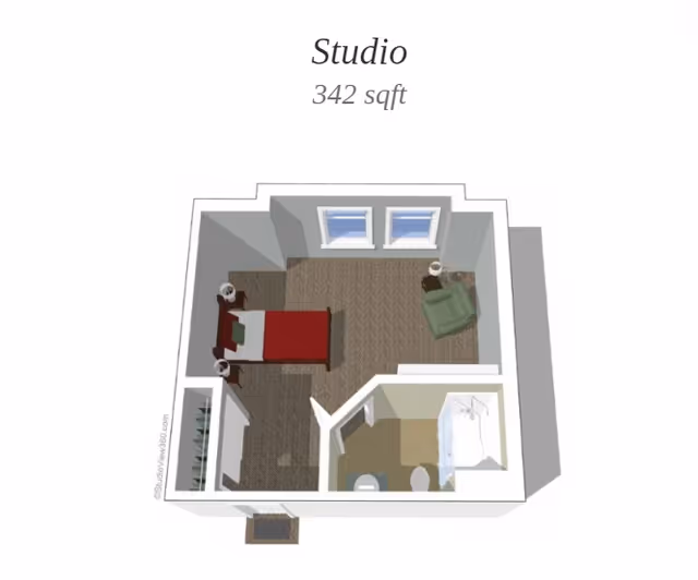 3D floor plan of a studio apartment measuring 342 square feet, showing a main living area with a bed, two nightstands, a green armchair, and two windows. There is a small bathroom with a shower, toilet, and sink, and a closet near the entrance.