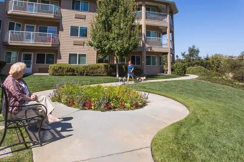 An elderly woman sitting on a bench in a garden area outside a multi-story residential building. A young boy is walking two small dogs on a paved pathway surrounded by green grass and flower beds. The sky is clear and blue.