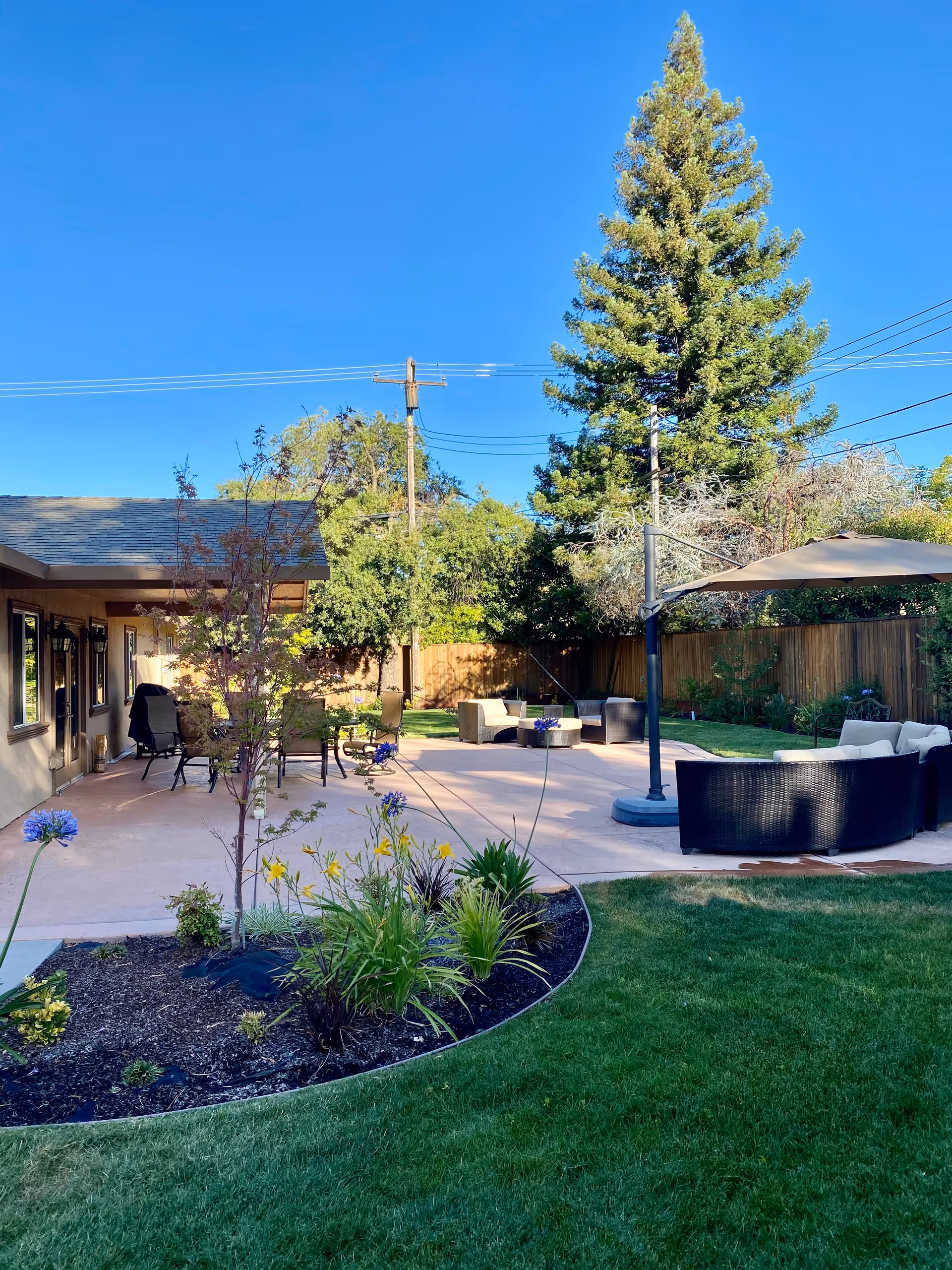 Outdoor patio area with garden beds, green grass, and various plants. There are multiple seating arrangements including a table with chairs and cushioned outdoor sofas under a large umbrella. The area is surrounded by trees and a wooden fence under a clear blue sky.