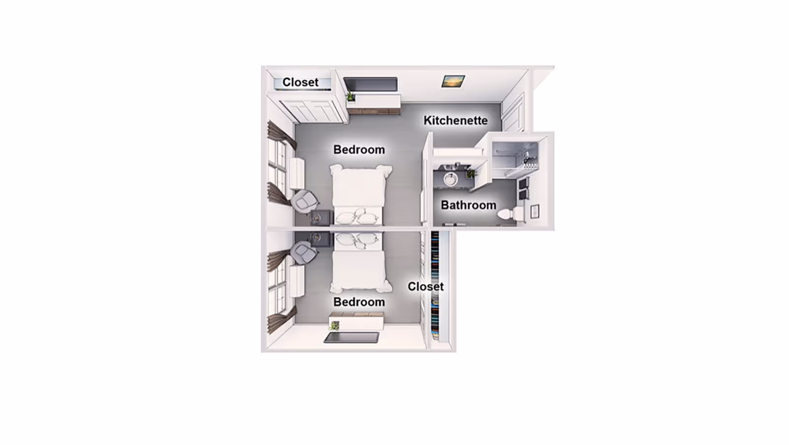 Top-down floor plan of a two-bedroom unit showing two bedrooms, closets, a kitchenette and a bathroom.