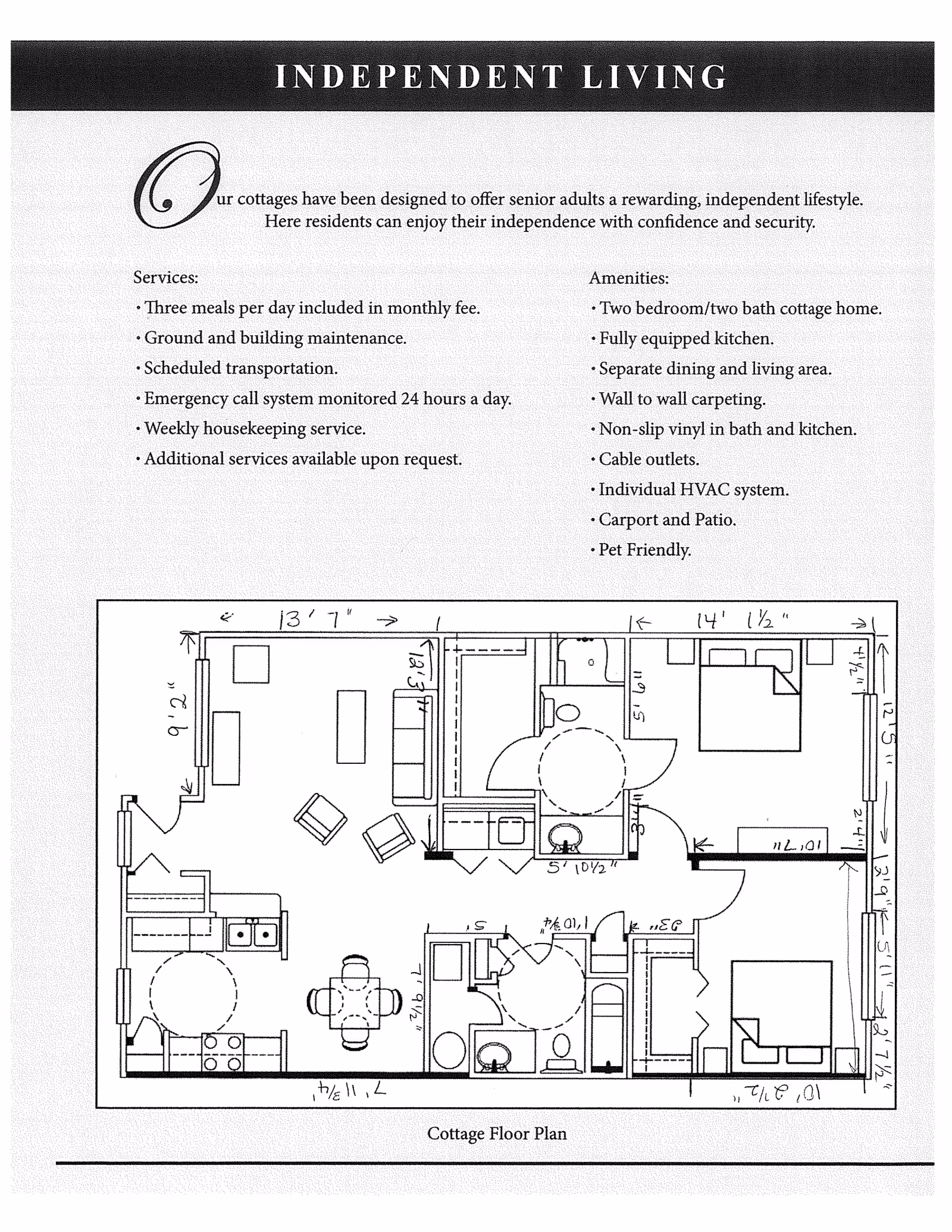 A document titled 'Independent Living' describing services and amenities for senior adult cottages, including three meals per day, maintenance, transportation, emergency call system, housekeeping, and pet friendliness. Below the text is a detailed architectural floor plan of a two-bedroom, two-bath cottage with labeled rooms including kitchen, dining area, living room, bathrooms, and bedrooms.