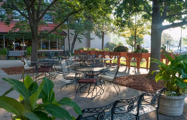 Outdoor patio area with several metal tables and chairs arranged on a concrete surface surrounded by trees, plants, and flower beds. The area is shaded by large trees and has a peaceful garden-like atmosphere with sunlight filtering through the leaves.