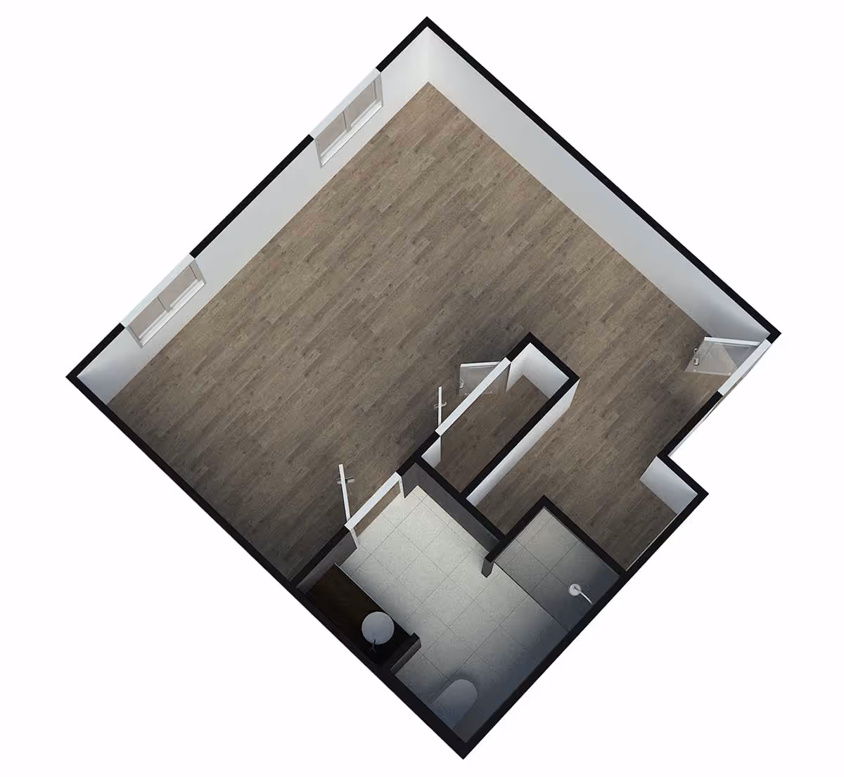 3D top-down floor plan of a studio-style apartment showing a large wood-floored main room, a tiled bathroom and entry area, and small closets.