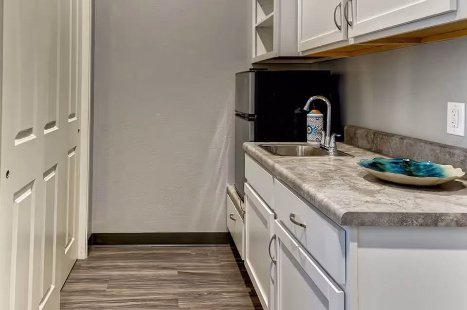 A small kitchen area with white cabinets, a countertop with a sink, a decorative bowl, and a small refrigerator. The floor has wood-like vinyl flooring, and there are white double doors on the left side.