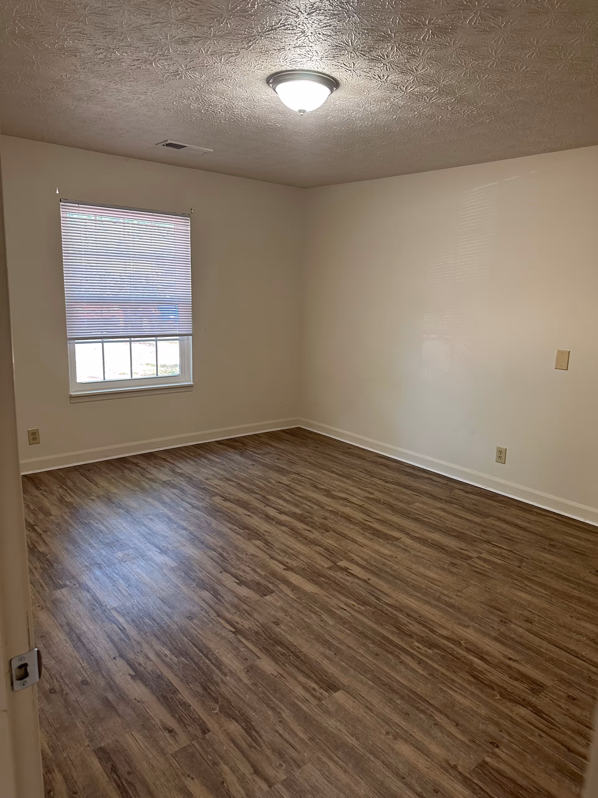 Empty room with wood-patterned flooring, white walls, a window with closed blinds, and a ceiling light fixture.