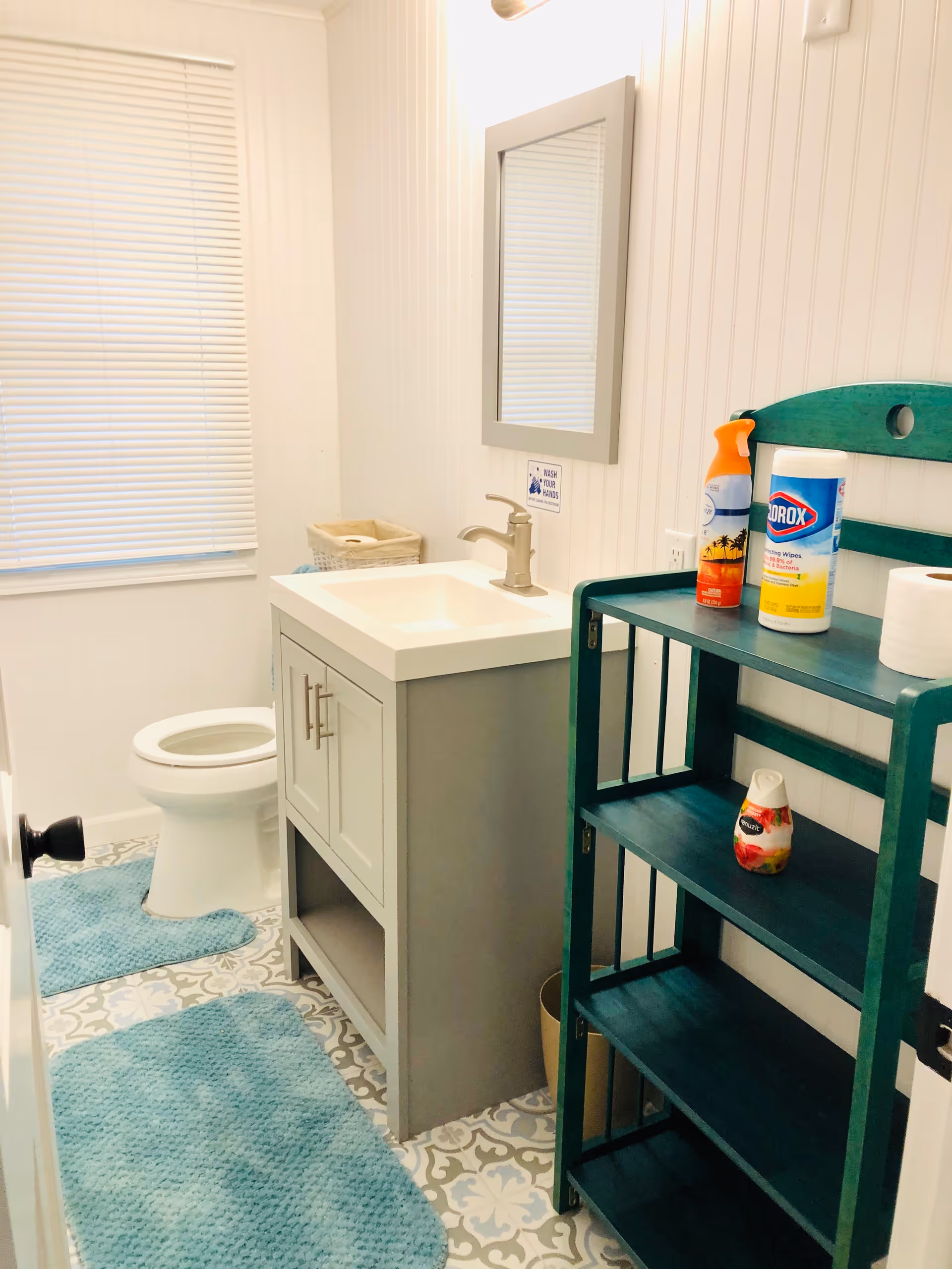 A clean bathroom with a white toilet, a gray vanity with a white sink, a mirror above the sink, and a green shelving unit holding cleaning supplies and a roll of toilet paper. The floor has patterned tiles and there are two blue bath mats. A window with closed blinds is on the left wall.