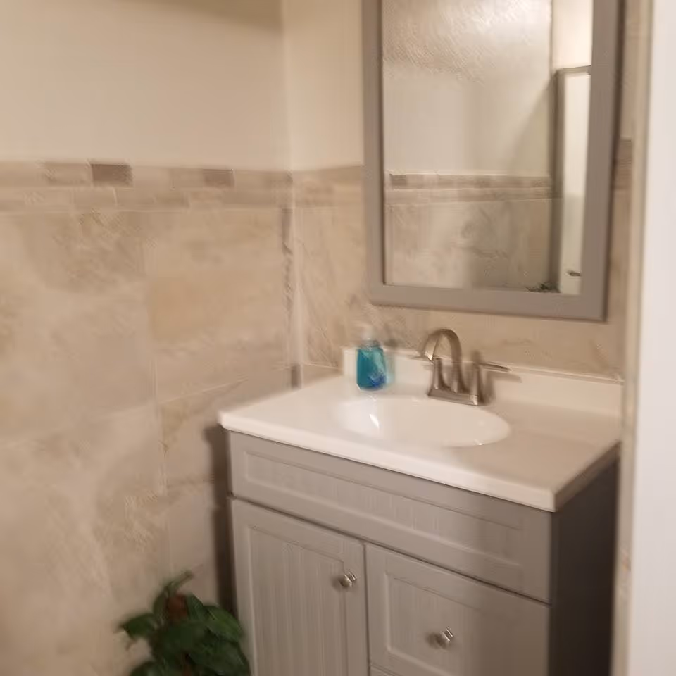 A bathroom vanity with a white countertop and an oval sink. There is a silver faucet and a bottle of blue liquid soap on the counter. Above the vanity is a rectangular mirror with a gray frame. The walls are tiled halfway up with beige tiles and a decorative border. A small green plant is visible at the bottom left corner.