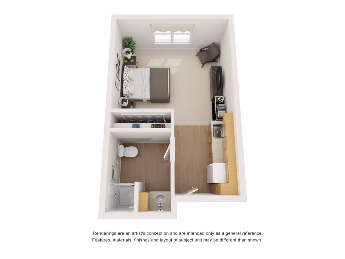 3D floor plan of a small apartment unit showing a bedroom with a bed, nightstands, a chair, and a TV stand; a kitchen area with cabinets, a sink, and a refrigerator; a bathroom with a toilet, shower, and sink; and a closet space between the bedroom and bathroom.