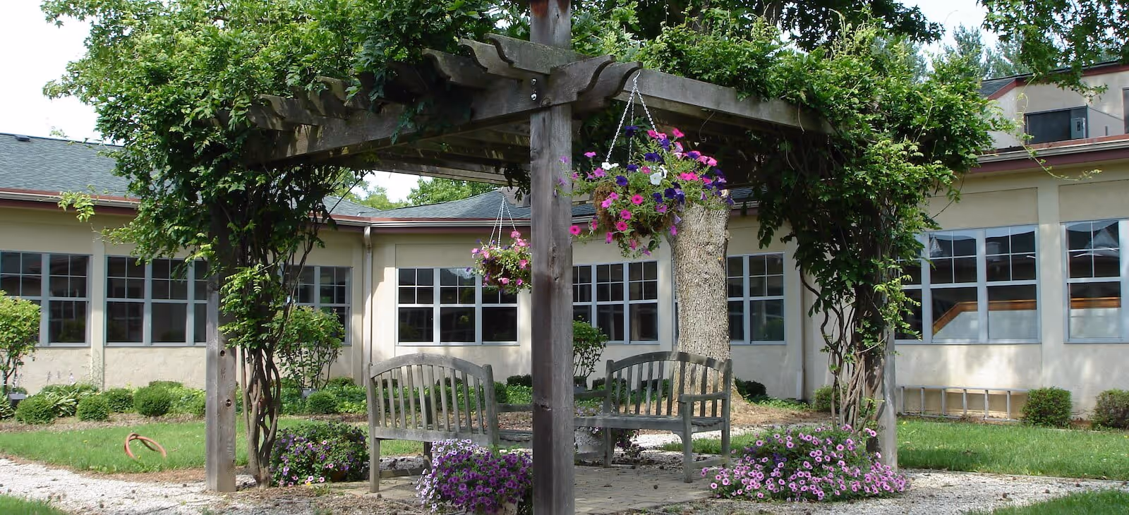 Outdoor seating area with two wooden benches under a wooden pergola adorned with hanging flower baskets and climbing plants, surrounded by a garden with green grass and flowering bushes, with a beige building with many windows in the background.