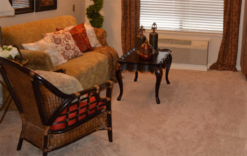 A cozy living room area with a beige sofa adorned with multiple decorative pillows, a wicker armchair with a cushion, a dark wooden coffee table with decorative items, beige carpet, and a window with blinds and brown curtains.