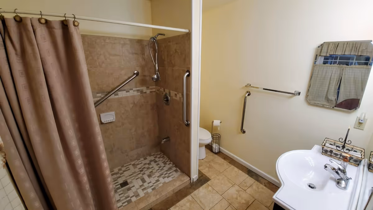 Bathroom with a tiled walk-in shower featuring grab bars and a handheld showerhead, a toilet with a grab bar beside it, a sink with a faucet, a mirror above the sink, and a towel rack on the wall. The floor is tiled and the shower has a beige curtain.