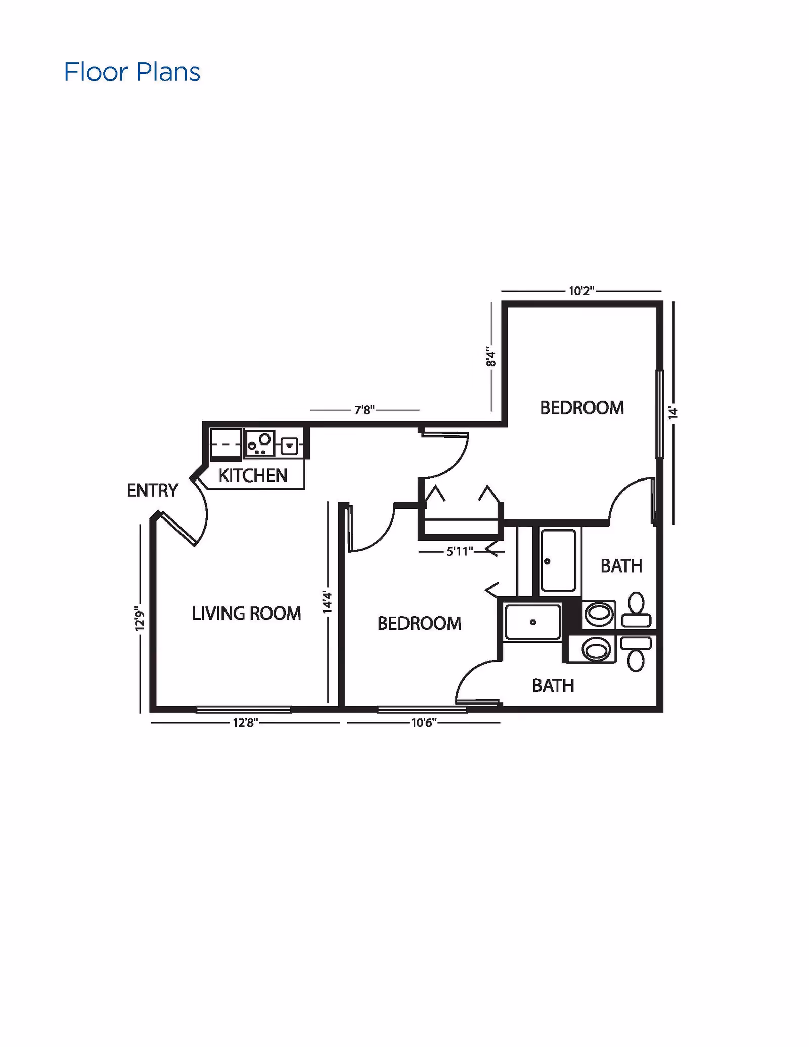 Floor plan layout of a residential unit showing two bedrooms, two bathrooms, a kitchen, and a living room with dimensions marked.