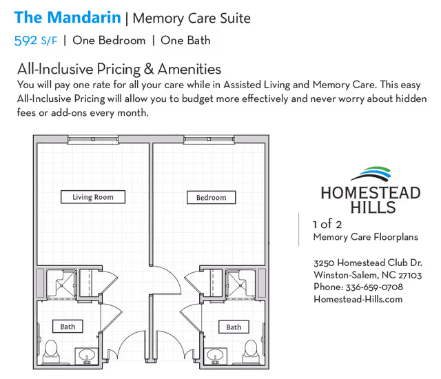 Floor plan titled 'The Mandarin' for a one-bedroom, one-bath memory care suite showing labeled living room, bedroom, and baths with the Homestead Hills logo and contact info.
