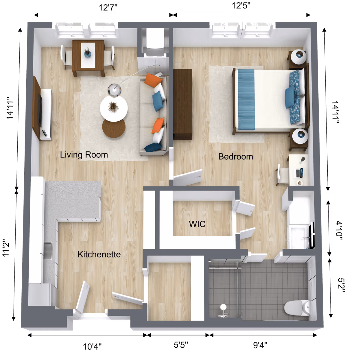 3D floor plan of a senior living apartment at Ridgefield Station Senior Living, showing a living room with sofa, coffee tables, TV, and dining table; a kitchenette with cabinets and sink; a bedroom with a bed, nightstands, and a desk; a walk-in closet (WIC); and a bathroom with a shower, toilet, and sink. Dimensions of each room and overall layout are labeled.